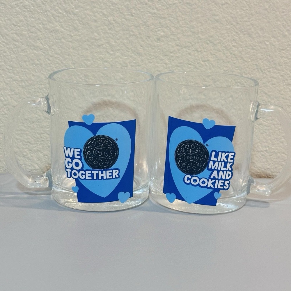 Oreo We Go Together Like Milk & Cookies 10 oz Clear Glass Mugs Cups Set of 2